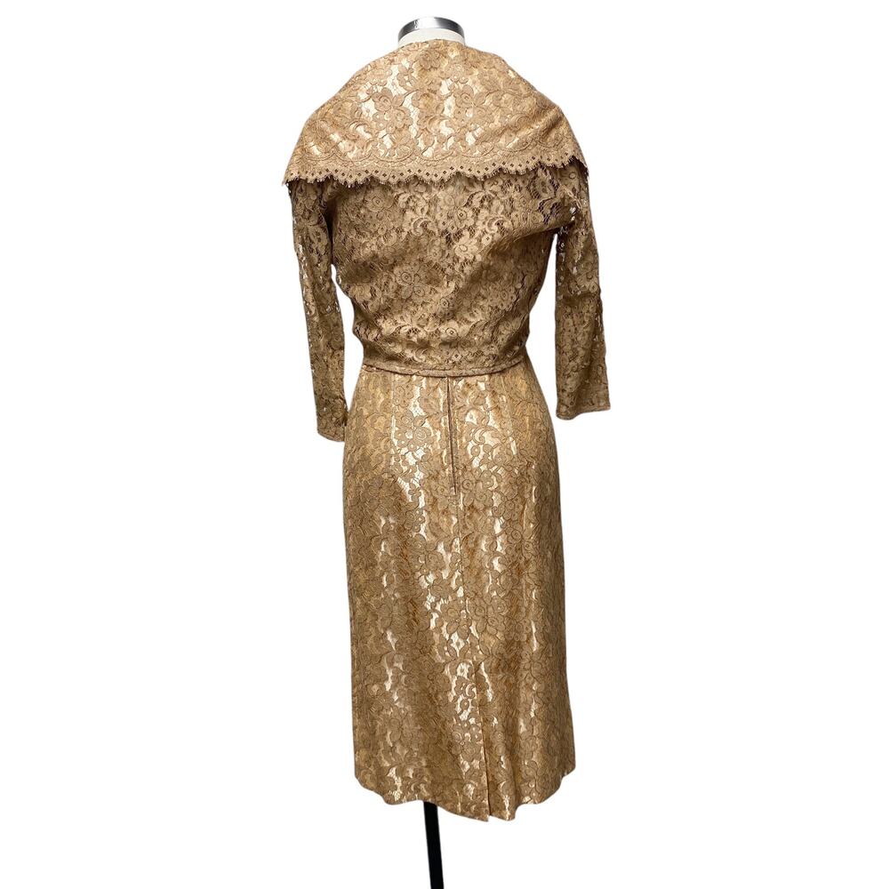 Vintage Womens Homemade Tan Lace Short Sleeve Dress Bolero Jacket Set - Picture 5 of 11